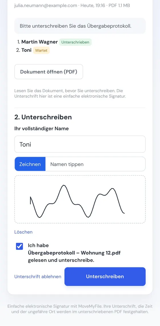 Mit dem Finger unterschreiben