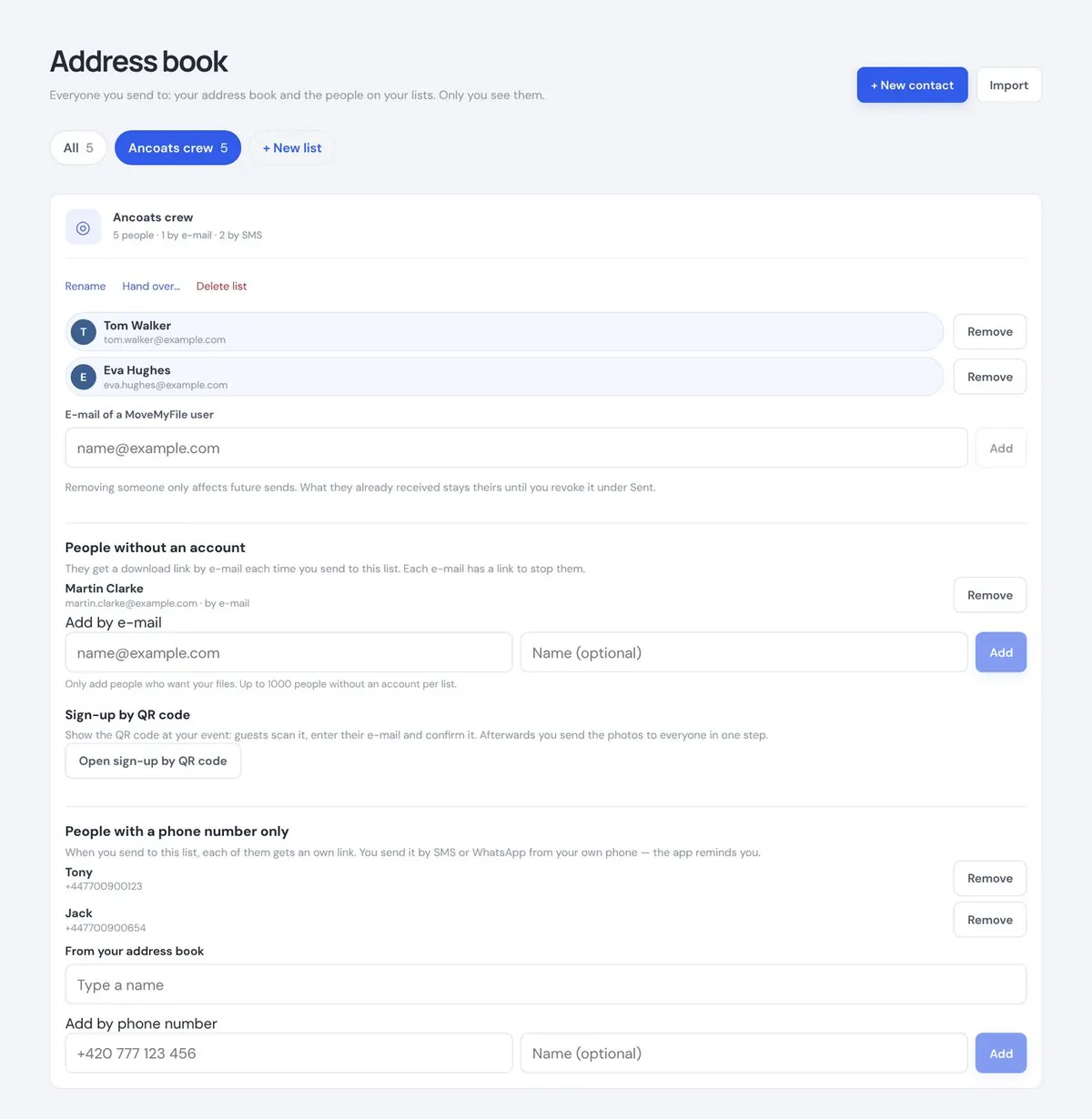 Lists in the address book