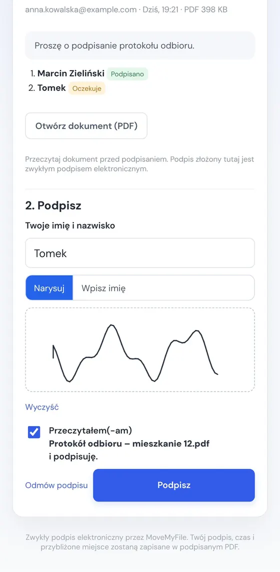 Podpis palcem na telefonie